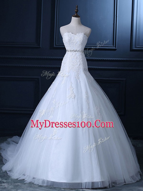 White Bridal Gown Wedding Party with Beading and Lace Sweetheart Sleeveless Court Train Lace Up