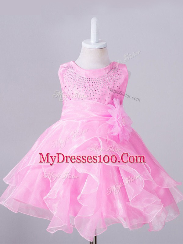 Amazing Organza Scoop Sleeveless Zipper Beading and Hand Made Flower Toddler Flower Girl Dress in Rose Pink