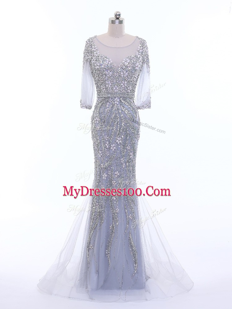 Dramatic 3 4 Length Sleeve Brush Train Zipper Beading Prom Dresses