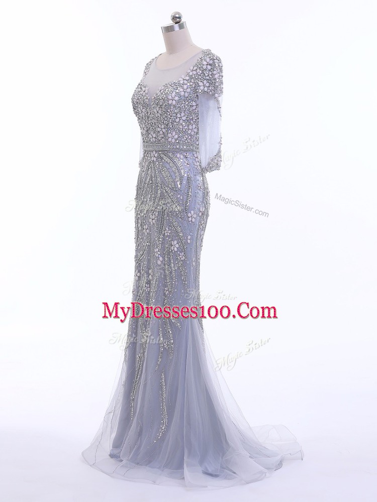Dramatic 3 4 Length Sleeve Brush Train Zipper Beading Prom Dresses