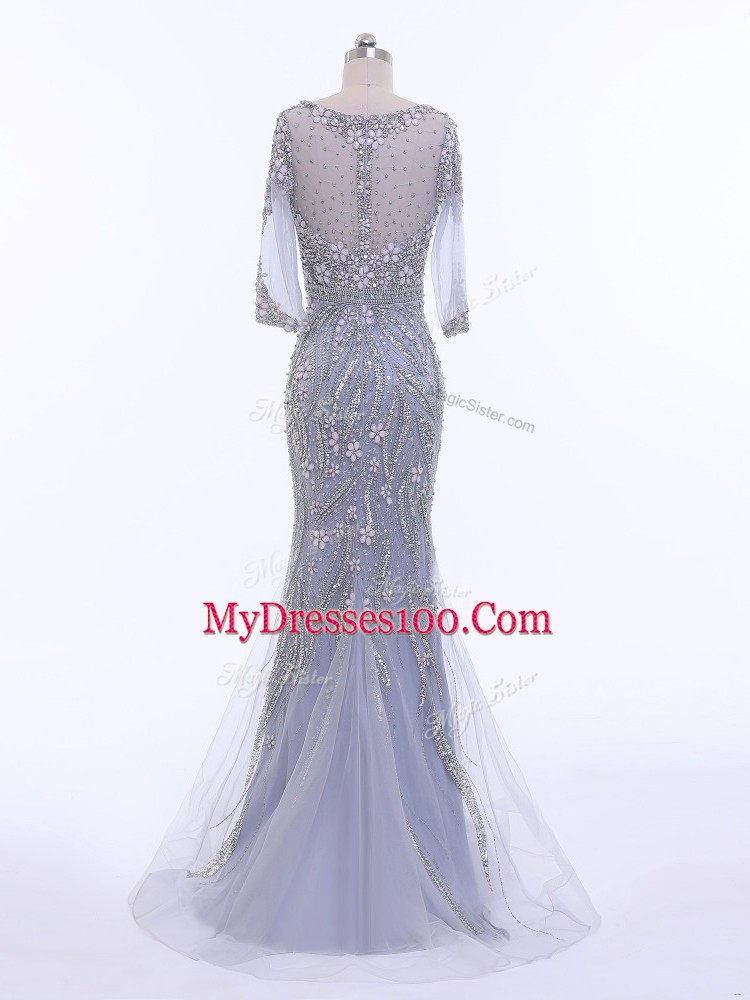 Dramatic 3 4 Length Sleeve Brush Train Zipper Beading Prom Dresses