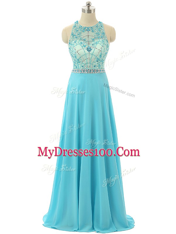 Adorable Floor Length Zipper Prom Party Dress Aqua Blue for Prom and Sweet 16 and Beach with Beading