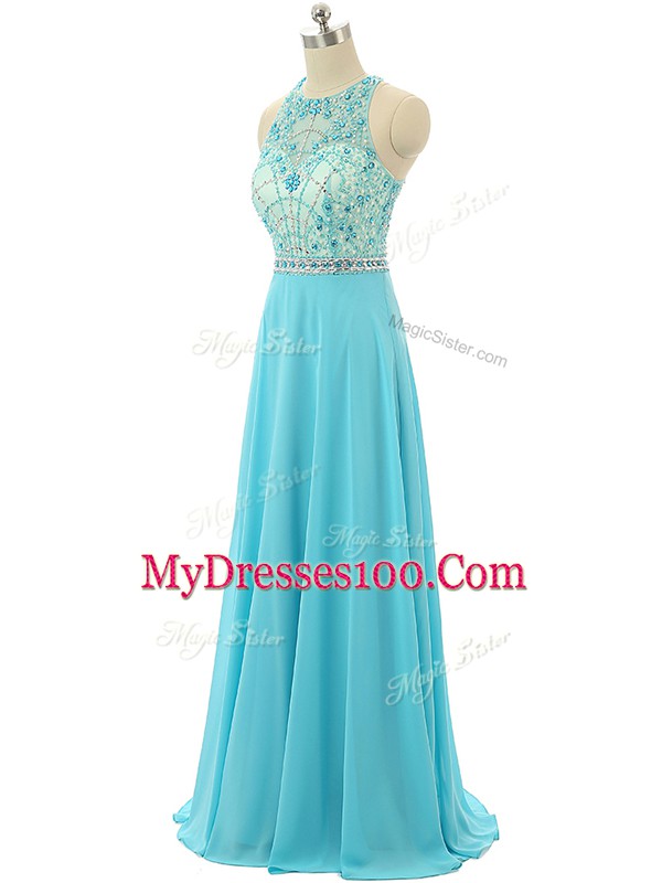 Adorable Floor Length Zipper Prom Party Dress Aqua Blue for Prom and Sweet 16 and Beach with Beading