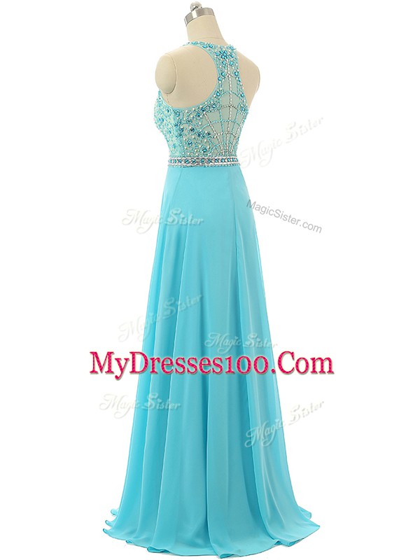Adorable Floor Length Zipper Prom Party Dress Aqua Blue for Prom and Sweet 16 and Beach with Beading