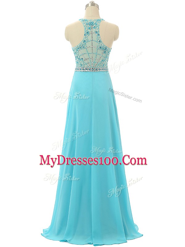 Adorable Floor Length Zipper Prom Party Dress Aqua Blue for Prom and Sweet 16 and Beach with Beading