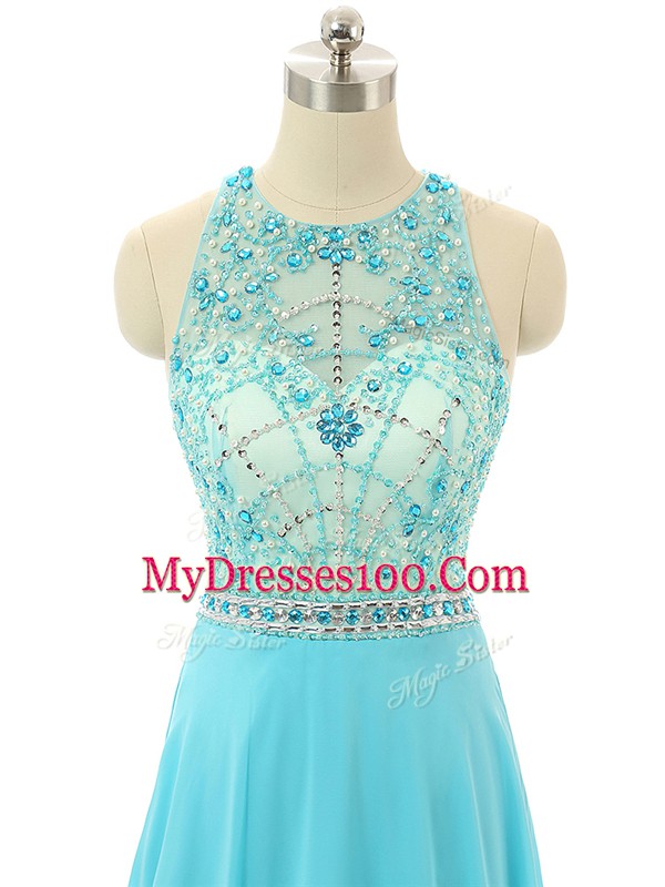 Adorable Floor Length Zipper Prom Party Dress Aqua Blue for Prom and Sweet 16 and Beach with Beading