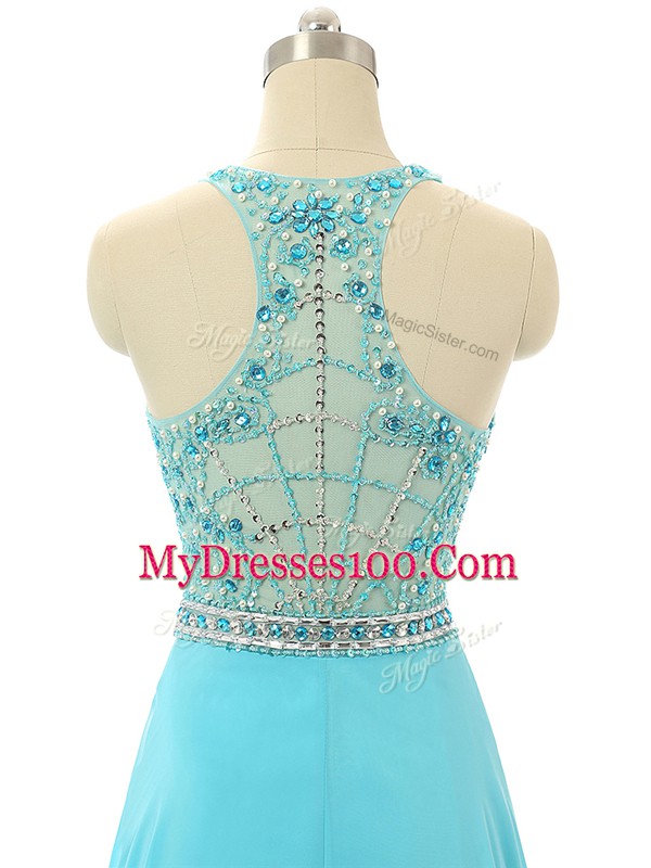 Adorable Floor Length Zipper Prom Party Dress Aqua Blue for Prom and Sweet 16 and Beach with Beading