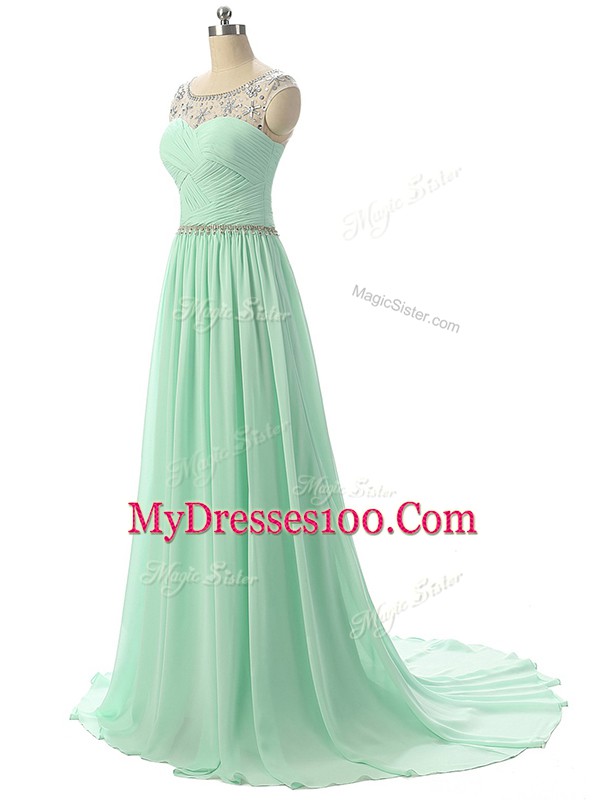 Inexpensive Apple Green Zipper Evening Dress Beading and Ruching Sleeveless Brush Train