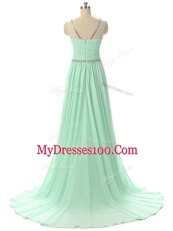 Inexpensive Apple Green Zipper Evening Dress Beading and Ruching Sleeveless Brush Train