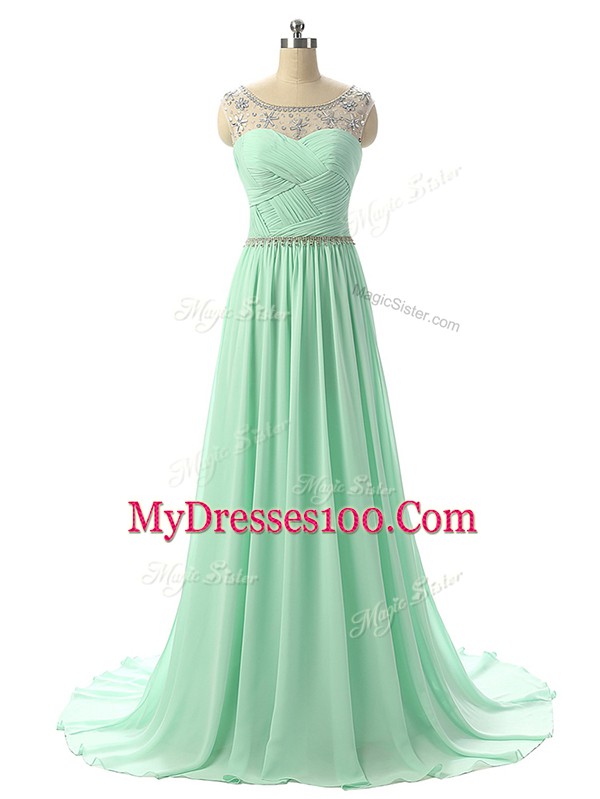 Inexpensive Apple Green Zipper Evening Dress Beading and Ruching Sleeveless Brush Train
