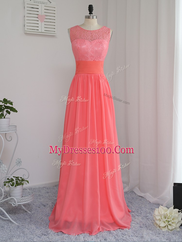 New Style Sleeveless Floor Length Lace Zipper Dama Dress with Watermelon Red