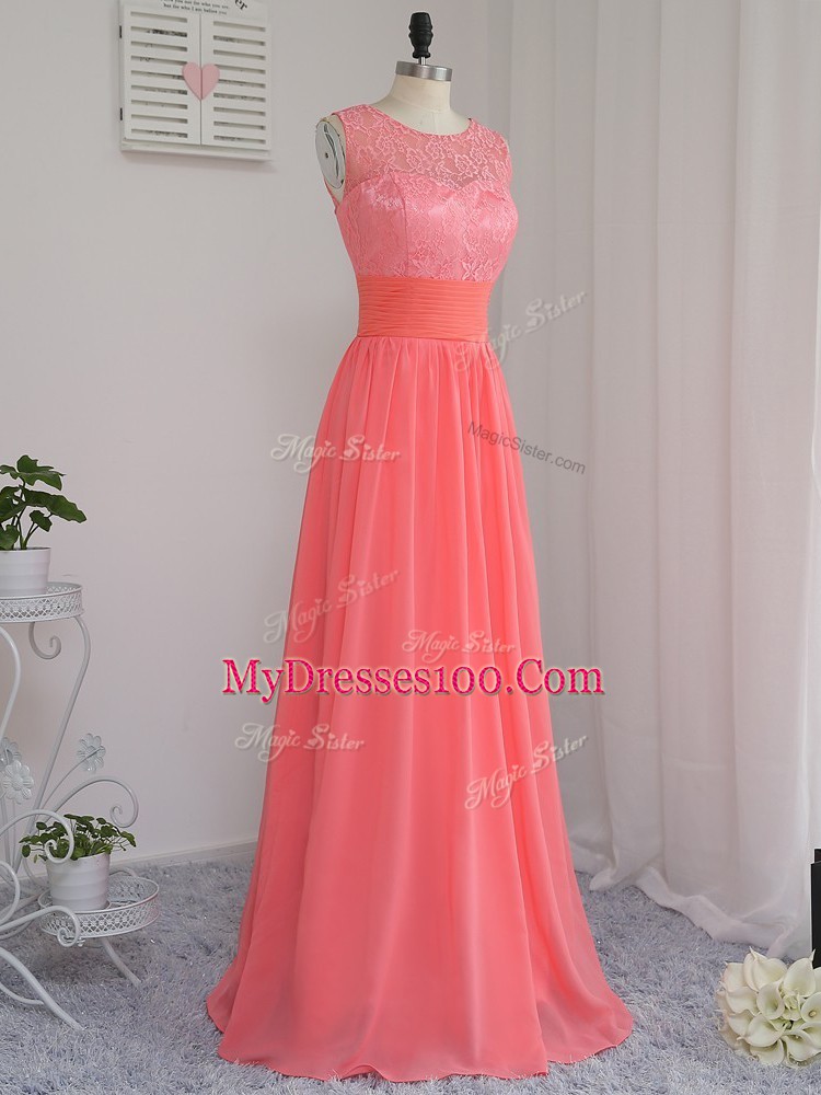 New Style Sleeveless Floor Length Lace Zipper Dama Dress with Watermelon Red