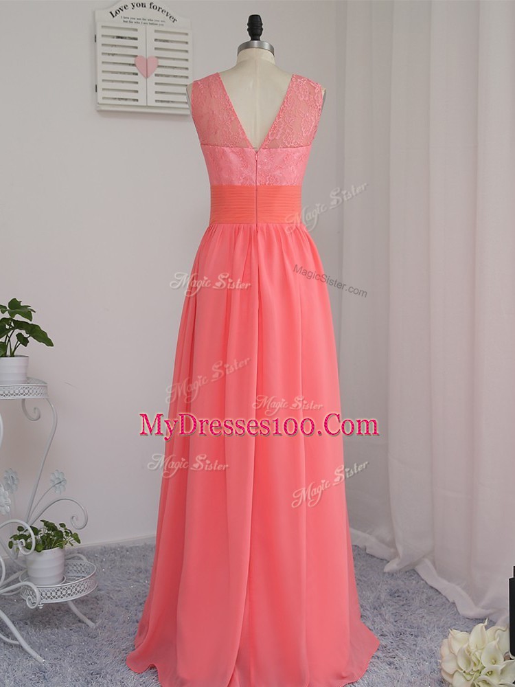 New Style Sleeveless Floor Length Lace Zipper Dama Dress with Watermelon Red