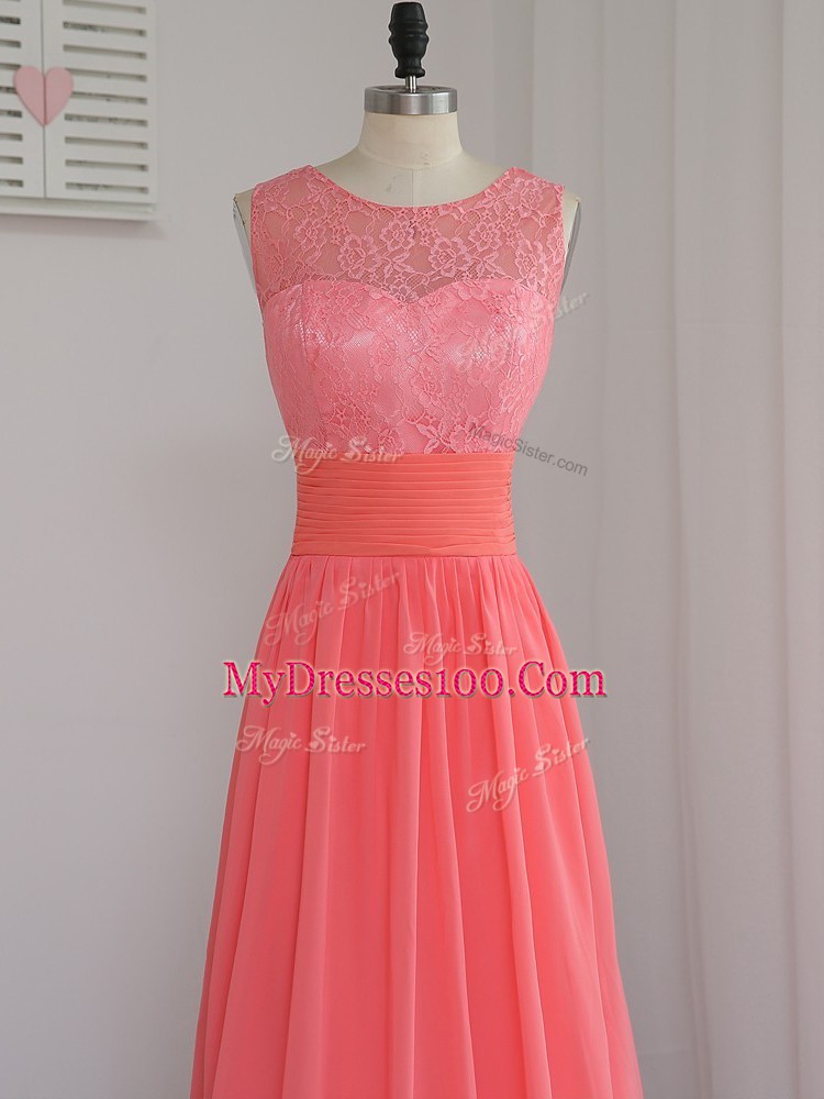 New Style Sleeveless Floor Length Lace Zipper Dama Dress with Watermelon Red