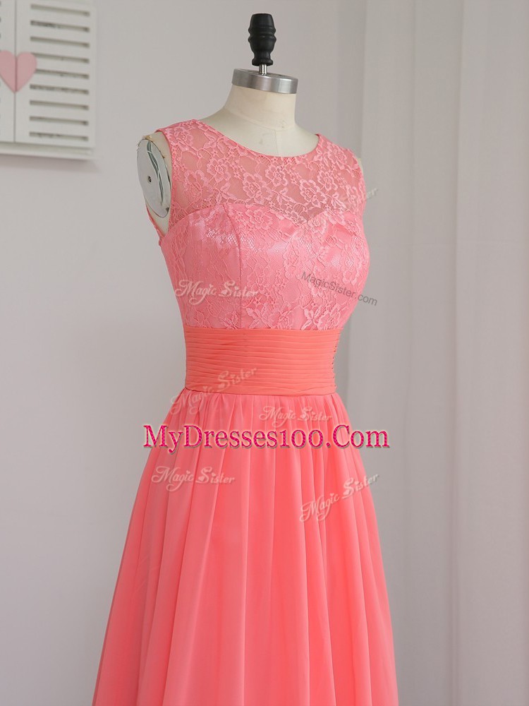 New Style Sleeveless Floor Length Lace Zipper Dama Dress with Watermelon Red