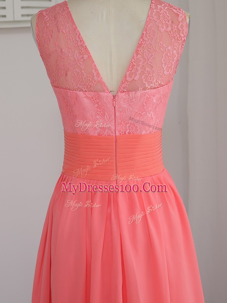 New Style Sleeveless Floor Length Lace Zipper Dama Dress with Watermelon Red