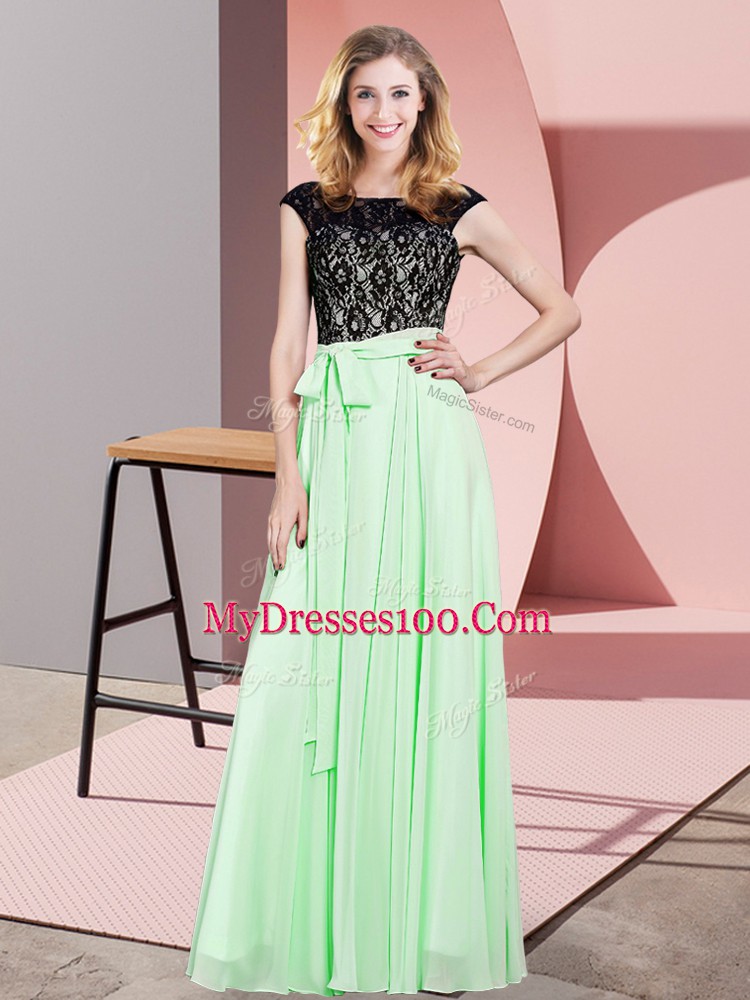 Affordable Apple Green Lace Up Scoop Lace and Belt Prom Evening Gown Chiffon Sleeveless