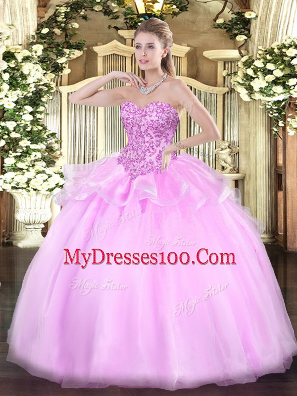 Popular Lilac Sleeveless Appliques Floor Length Quinceanera Dresses