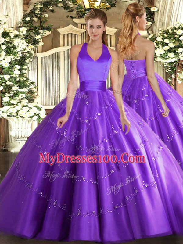 Great Sleeveless Floor Length Appliques Lace Up Quinceanera Gown with Purple