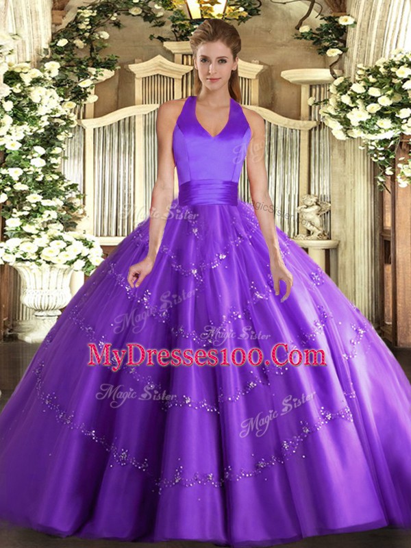 Great Sleeveless Floor Length Appliques Lace Up Quinceanera Gown with Purple