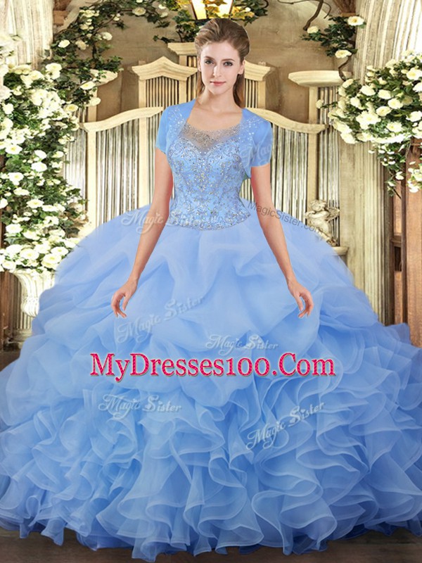 Top Selling Sleeveless Clasp Handle Floor Length Beading and Ruffled Layers Quinceanera Gown