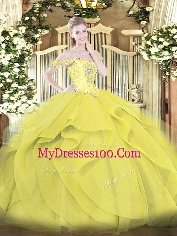 Charming Yellow Off The Shoulder Lace Up Beading and Ruffles Sweet 16 Dress Sleeveless