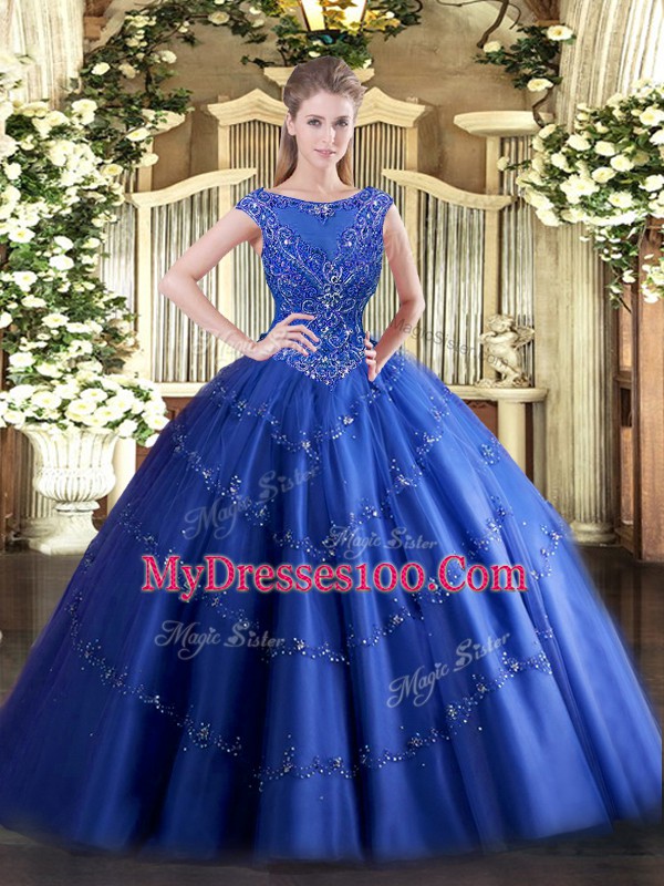 Gorgeous Blue Ball Gowns Tulle Scoop Sleeveless Beading and Appliques Floor Length Zipper Sweet 16 Dresses