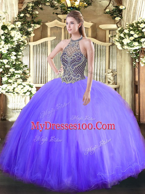 Custom Designed Lavender Halter Top Neckline Beading Sweet 16 Dress Sleeveless Lace Up
