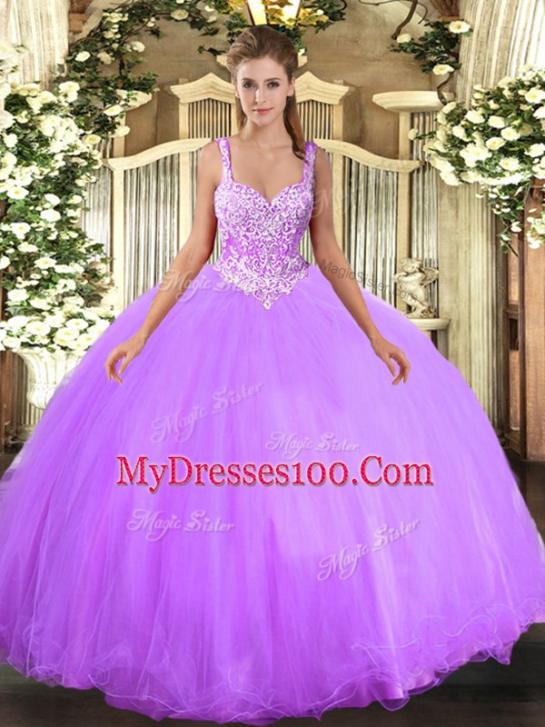Attractive Straps Sleeveless Lace Up Sweet 16 Quinceanera Dress Lavender Tulle