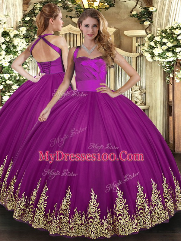 Nice Fuchsia Quince Ball Gowns Military Ball and Sweet 16 and Quinceanera with Appliques Halter Top Sleeveless Lace Up