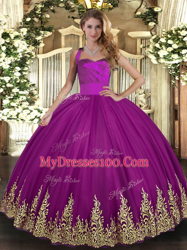 Nice Fuchsia Quince Ball Gowns Military Ball and Sweet 16 and Quinceanera with Appliques Halter Top Sleeveless Lace Up