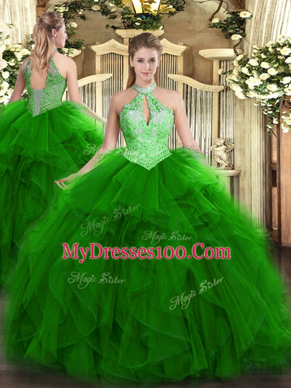 Ball Gowns Quinceanera Gown Green Halter Top Organza Sleeveless Floor Length Lace Up