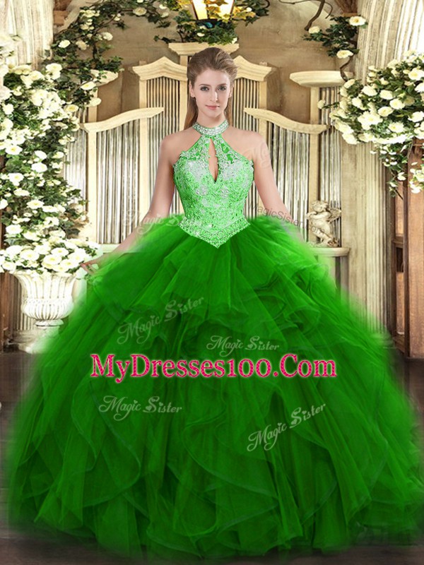 Ball Gowns Quinceanera Gown Green Halter Top Organza Sleeveless Floor Length Lace Up