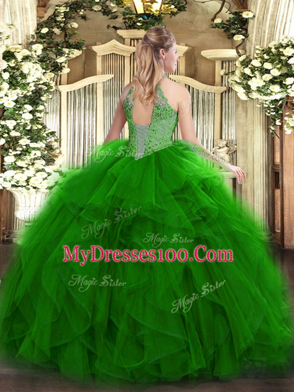 Ball Gowns Quinceanera Gown Green Halter Top Organza Sleeveless Floor Length Lace Up