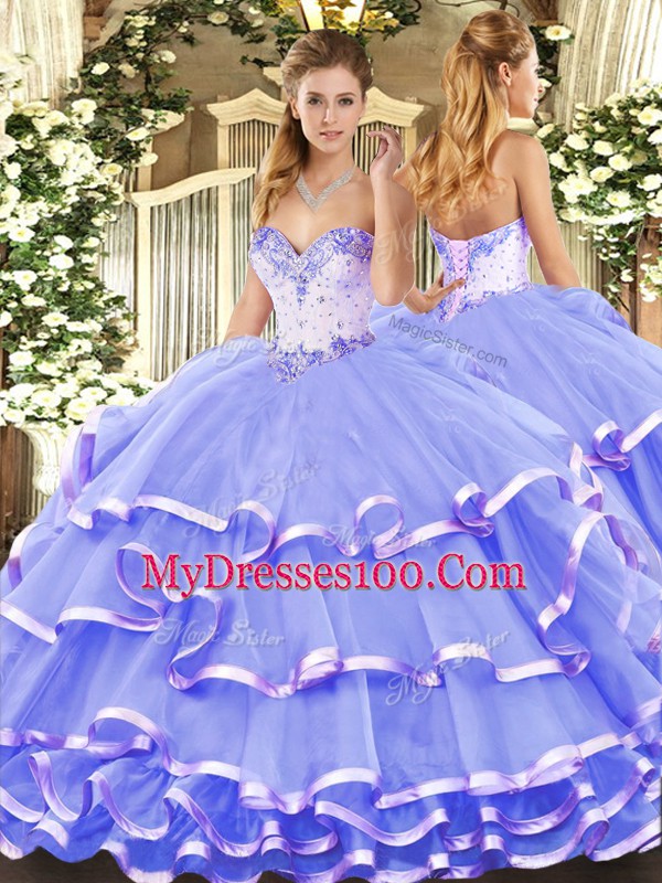 Luxury Lavender Sleeveless Floor Length Beading and Ruffled Layers Lace Up Quinceanera Dress