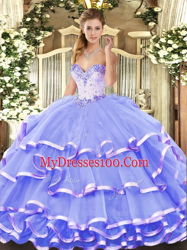 Luxury Lavender Sleeveless Floor Length Beading and Ruffled Layers Lace Up Quinceanera Dress