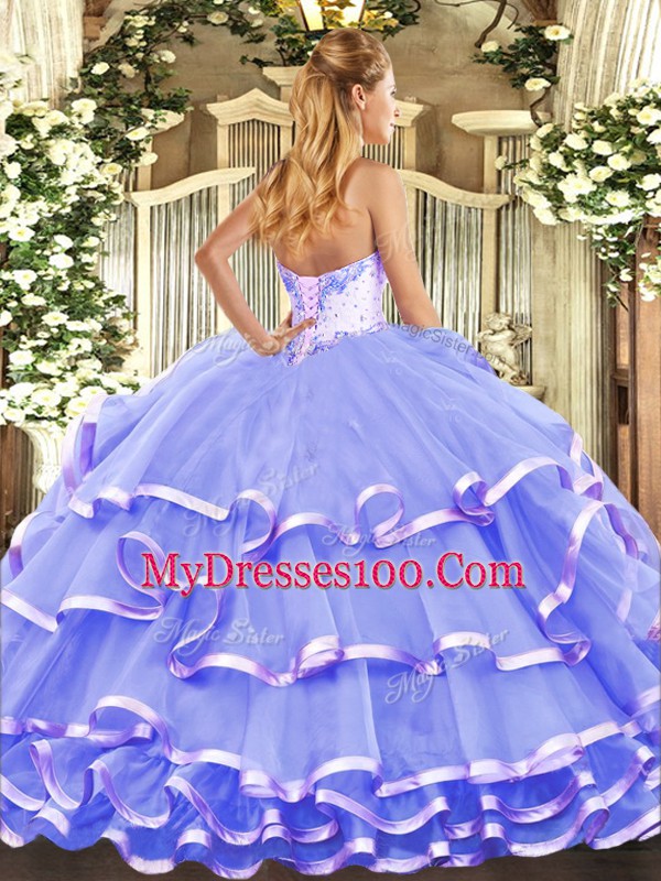 Luxury Lavender Sleeveless Floor Length Beading and Ruffled Layers Lace Up Quinceanera Dress