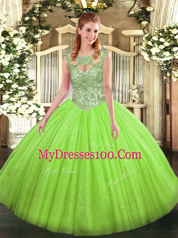 Fashion Sleeveless Floor Length Beading Lace Up Quince Ball Gowns with