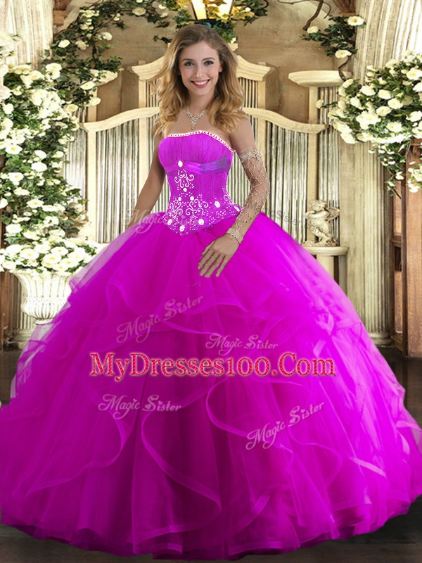 High Class Fuchsia Sleeveless Beading and Ruffles Floor Length Vestidos de Quinceanera