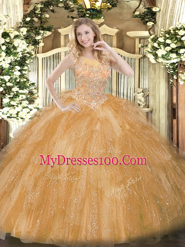 Beauteous Gold Scoop Zipper Beading and Ruffles Vestidos de Quinceanera Sleeveless