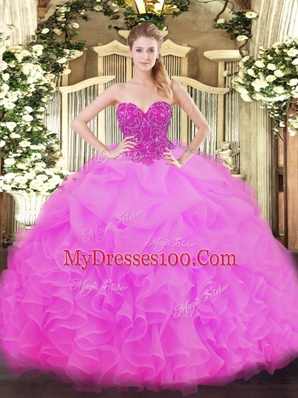 Sweet Fuchsia Sleeveless Floor Length Beading and Ruffles Lace Up Quinceanera Gowns