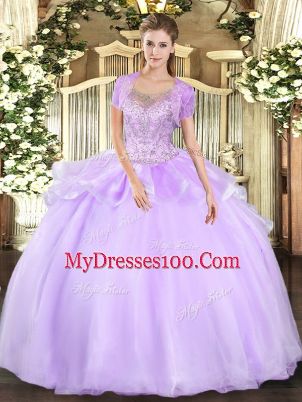 Decent Sleeveless Floor Length Beading and Ruffles Clasp Handle Quinceanera Gowns with Lavender