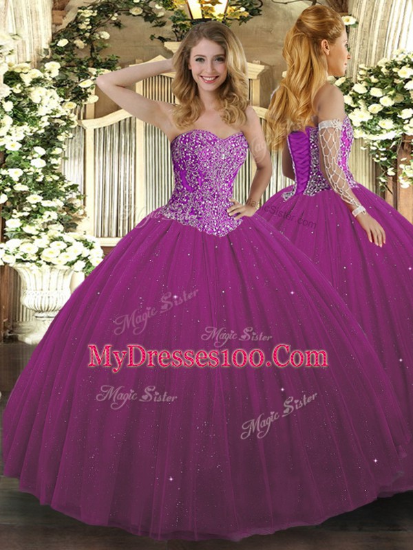 Fuchsia Lace Up Sweetheart Beading Ball Gown Prom Dress Tulle Sleeveless