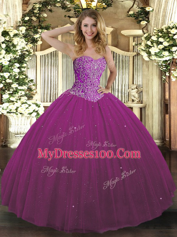 Fuchsia Lace Up Sweetheart Beading Ball Gown Prom Dress Tulle Sleeveless