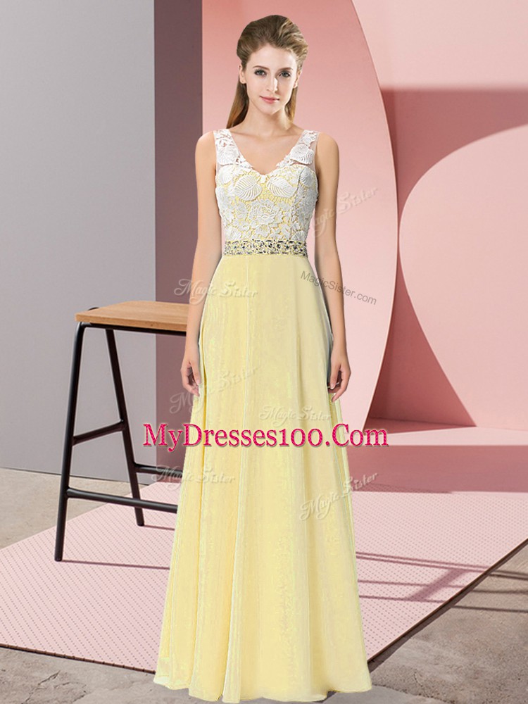 Sleeveless Chiffon and Lace Floor Length Backless Prom Dresses in Light Yellow with Beading