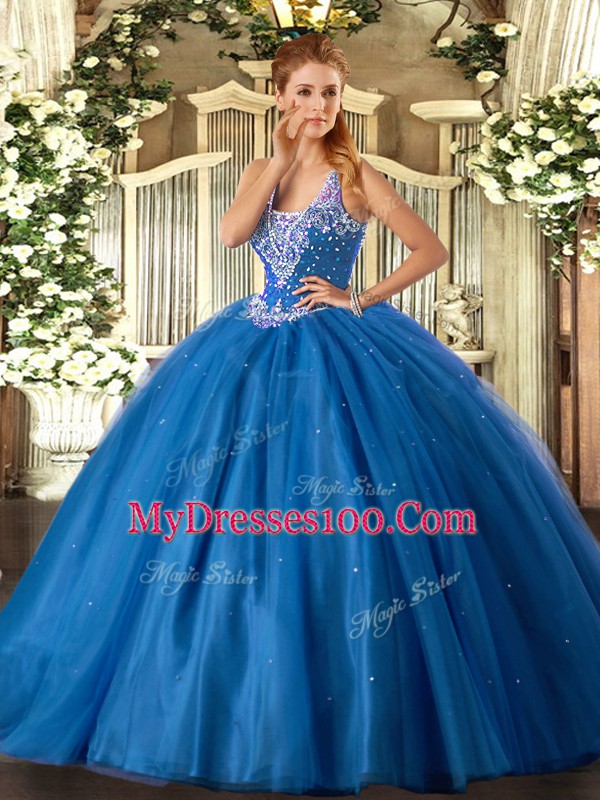 Romantic Blue Tulle Lace Up Straps Sleeveless Floor Length Quinceanera Gowns Beading