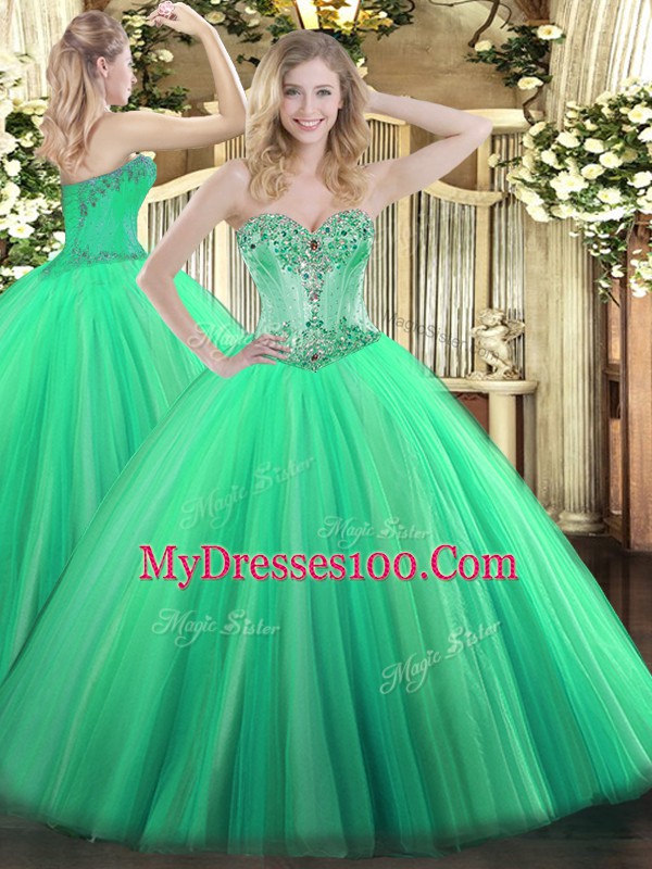 Beading Vestidos de Quinceanera Turquoise Lace Up Sleeveless Floor Length