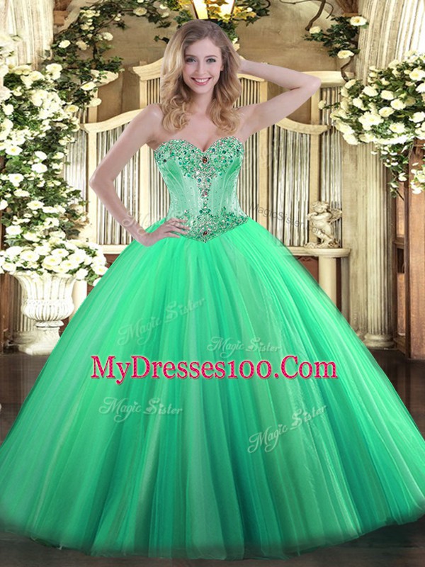 Beading Vestidos de Quinceanera Turquoise Lace Up Sleeveless Floor Length