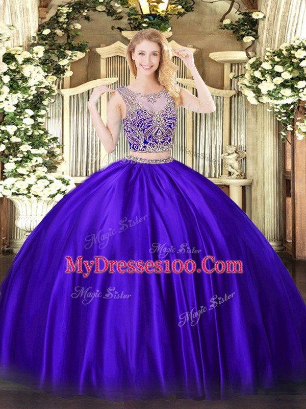 Vintage Floor Length Purple Sweet 16 Dress Satin Sleeveless Beading