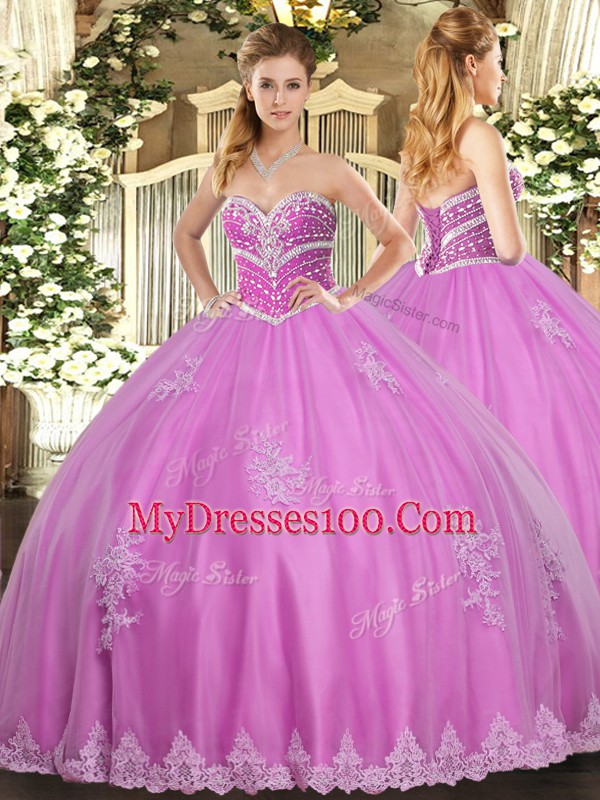 Floor Length Rose Pink Quince Ball Gowns Tulle Sleeveless Beading and Appliques